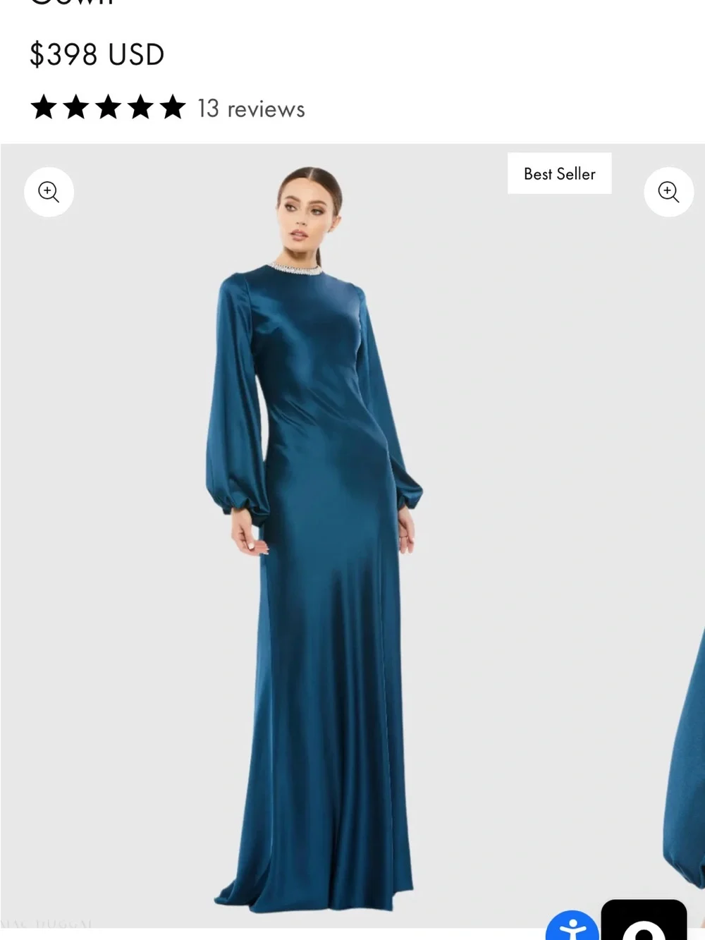 Mac Duggal Teal Satin Long Sleeve Floor-Length Gown size 12 - Picture 1 of 4